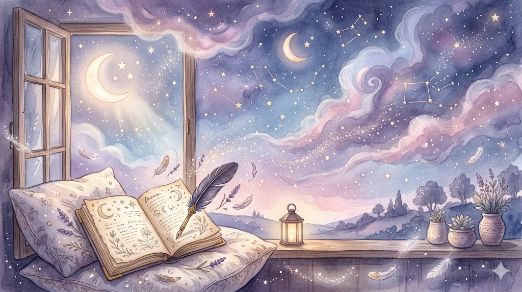 水彩で描かれた夢日記と三日月、星空の夜景