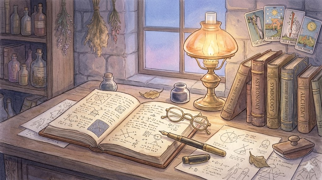 水彩で描かれた知的な書斎。開いたノート、万年筆、メガネ、古書、ランプとタロットカードが並ぶ