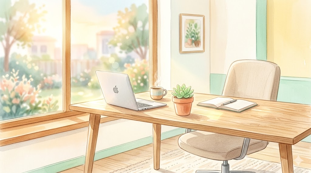 仕事の心理学：朝の窓辺のオフィスデスクとノートPC、観葉植物の明るい水彩パステルイラスト