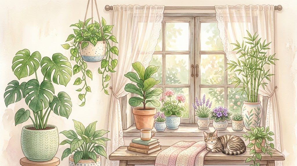 水彩パステルで描かれた風水効果のある観葉植物と窓辺の猫