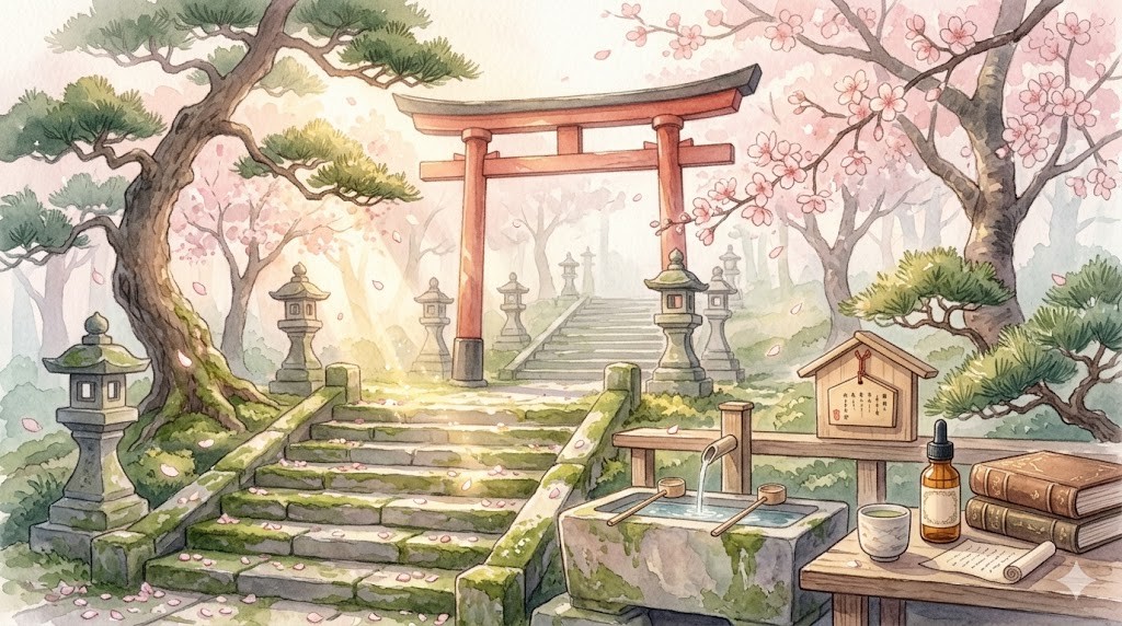 水彩パステルで描かれた日本の神社、朱色の鳥居と春の光
