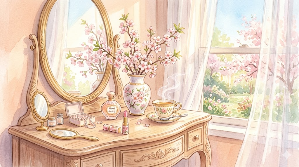 2026年春の開運美人：桜とジュエリーが並ぶ朝のドレッサー風景。幸運を引き寄せる習慣をイメージした淡いピーチ・桜ピンクの水彩イラスト。