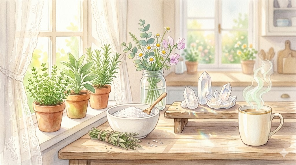 水彩パステルで描かれた朝のキッチン、塩とハーブと観葉植物、浄化と開運の象徴