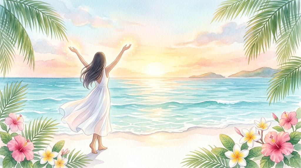 沖縄の占い師が教える気のワーク：朝の海辺で白いドレスの女性がエネルギーを感じる、ハイビスカスとプルメリアが咲く水彩パステルイラスト