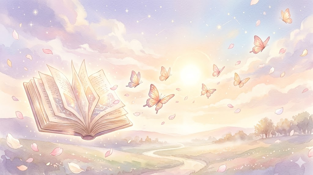 人生の転機サイン：夜明けから朝へ移ろう光の空、舞う蝶、開いた本、桜のはなびら。30代女性のスピリチュアル前兆を表現した淡いラベンダー・ピーチ系の水彩イラスト。
