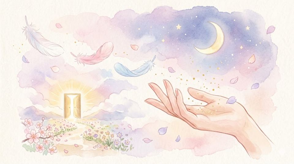 人生の転機を告げる夢と光の扉・水彩パステル