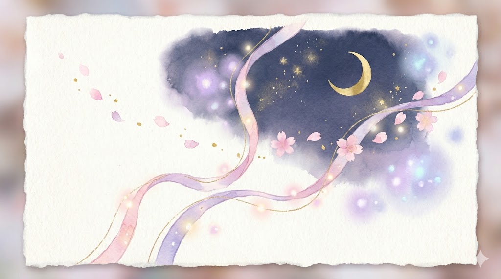 2026年GW後の人間関係の変化を表す、水彩パステル調のリボンと桜のイラスト