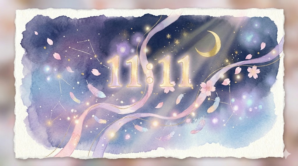星空に浮かぶ数字「11:11」と光のシャワーを描いた水彩パステル調のスピリチュアルイラスト