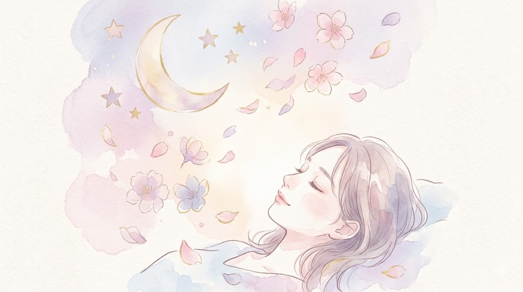 眠る女性と三日月、舞う花びら｜繰り返し見る夢のスピリチュアルサイン