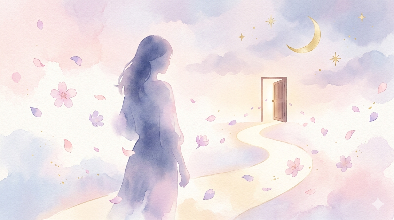 三日月と星、振り返る女性のシルエットが描かれた水彩パステルイラスト。人生の転機が近い人に現れる5つのスピリチュアルサインをテーマにした占いブログのアイキャッチ画像。