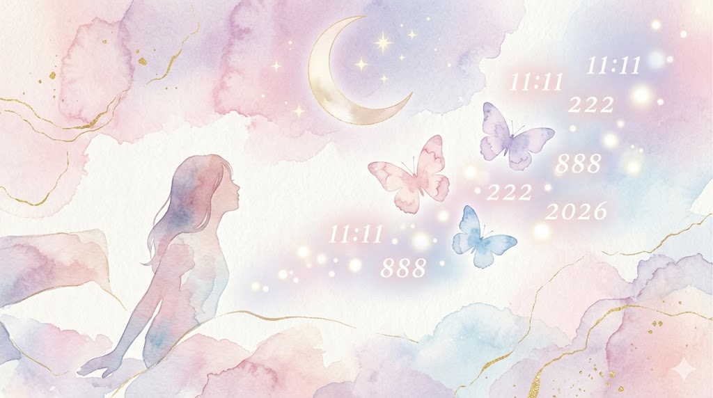 三日月と蝶が舞う幻想的な水彩パステルイラスト。引き寄せの前兆サインをテーマにした占いブログのアイキャッチ画像。