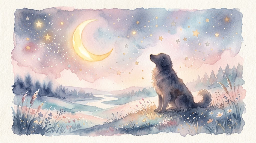 優しい犬と三日月、星空の水彩パステルイラスト