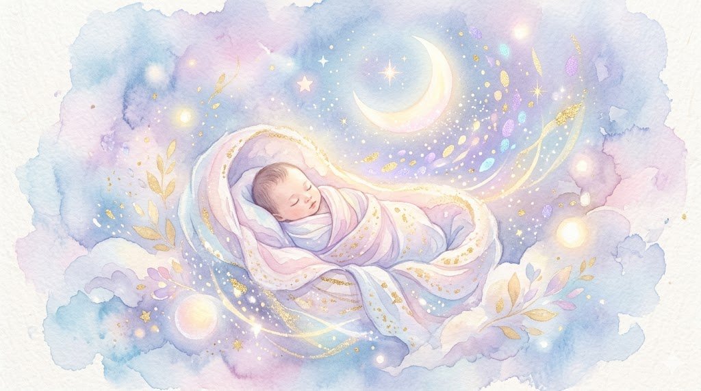 赤ちゃんの夢を象徴する水彩パステルイラスト、三日月と星に包まれて眠る赤ちゃん