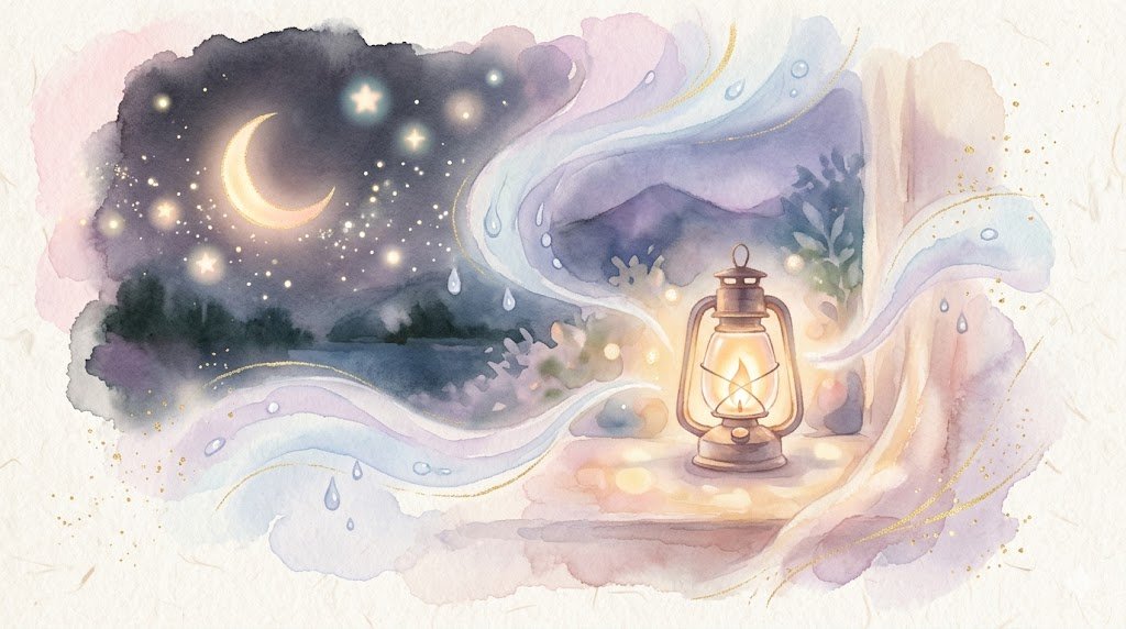 夜の静けさとランプの灯り、癒しと休息を表す水彩パステルイラスト