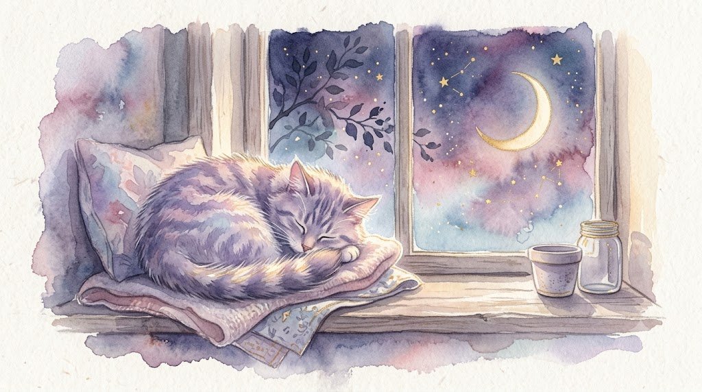 猫と三日月が描かれた水彩パステル画風のイラスト