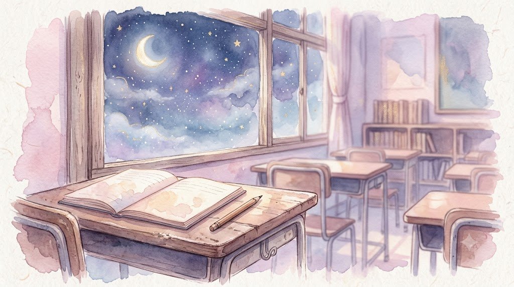 試験の夢占い 水彩パステルイラスト 夜空と机