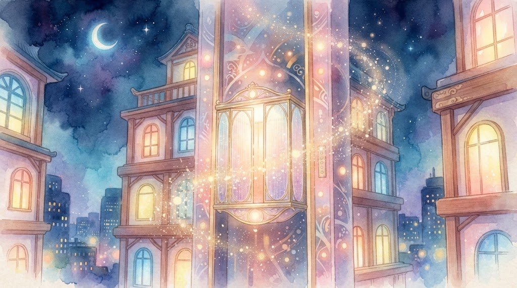 エレベーターの夢 水彩パステルイラスト