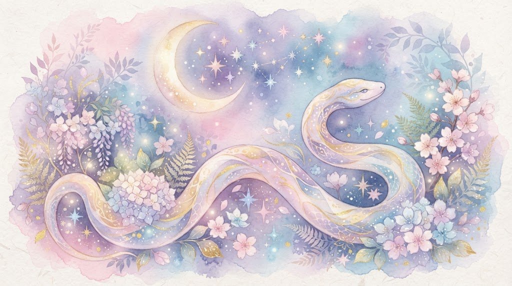 蛇と三日月が描かれた水彩パステル画風のイラスト