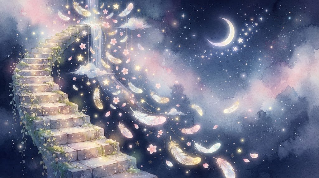 落ちる夢を象徴する水彩パステル画風のイラスト。夜空に三日月と星、ふわりと舞う羽根や花びら