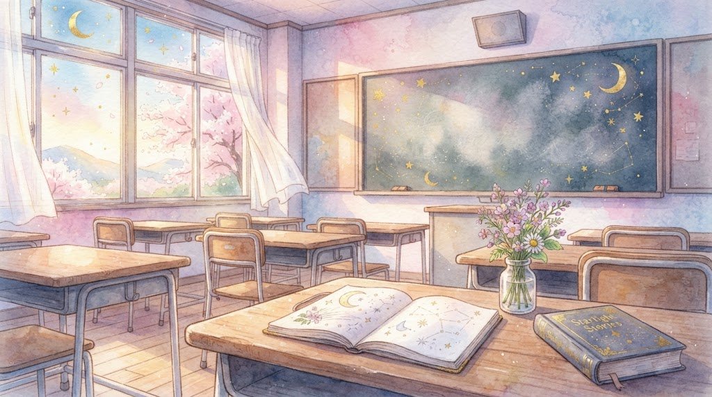 学校の教室を描いた水彩パステル画風のイラスト