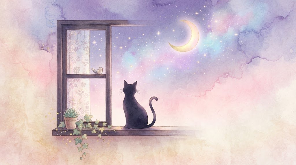 夜の窓辺にたたずむ猫と三日月の水彩パステルイラスト