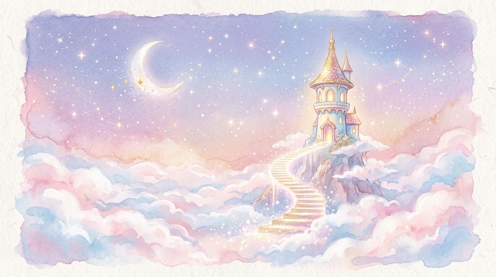 雲の上の塔と光の階段、三日月と星が描かれた水彩パステル調の夢占いイラスト