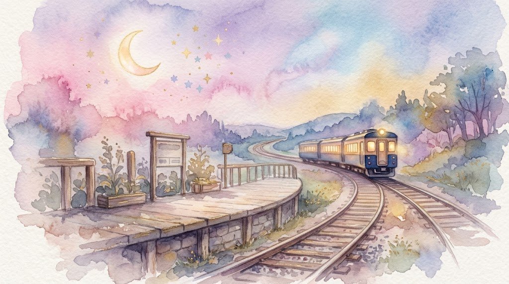 電車に乗り遅れる夢をイメージした、駅のホームと遠ざかる電車、三日月と星の水彩パステルイラスト