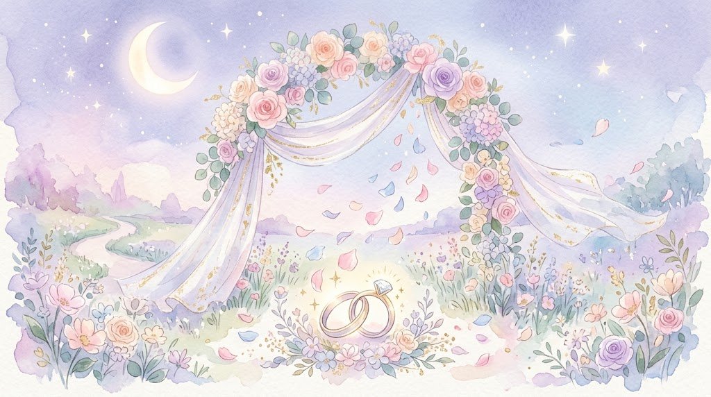 結婚式の夢を表す、花のアーチとベールの水彩パステルイラスト